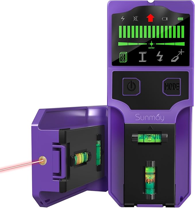SUNMAY Stud Finder Wall Scanner - 7 in 1 Stud Detector Center Finder for Wood Metal AC Wire Joist Pipe Detection, Electronic Stud Sensor with Laser Level, LCD Display, Bubble Level & Ruler