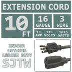 Indoor Outdoor Extension Cord 10 FT Waterproof, 16/3 Gauge Heavy Duty Gray Extension Cords, 13A 1625W SJTW Extension Cord with 3 Prong Grounded Plug, Great for Tools, Lights, UL Listed, 2PK