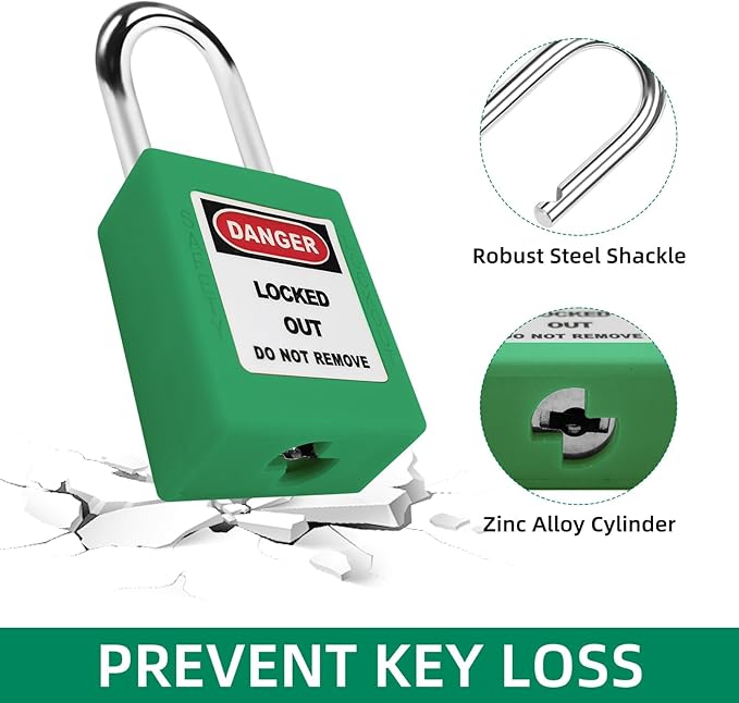 5pcs Green LOTO Locks Set - Keyed Different, 2 Keys Per Lock, OSHA Compliant, Safety Padlocks for Electrical Lockout Tag Out Kits