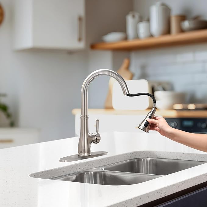 WEWE Vintage Kitchen Faucet with Pull Down Sprayer, Stainless Steel 1 or 3 Hole High Arc Single Handle Antique Sink Faucet for Classic Modern Ktichen, Brushed Nickel