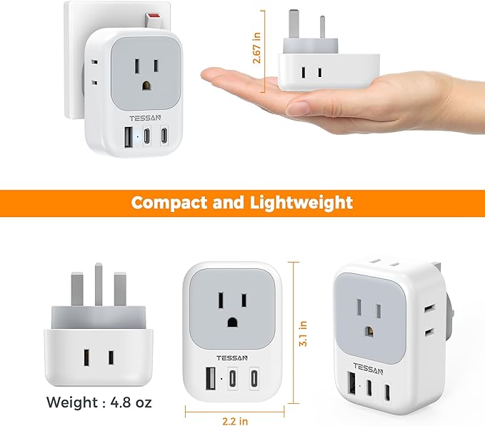 TESSAN US to UK Plug Adapter, Type G Travel Adaptor with 4 Electrical Outlets 3 USB Ports (2 USB C), Ireland Power Adapter for USA to England London Scotland Dubai Singapore Qatar Kenya British