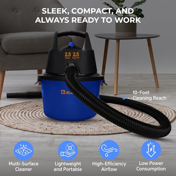 Koblenz WD-2.5L Portable Wet Dry Vacuum, 2.5-Gallon 2.5 PHP Suction Plus Blower Vacuum Cleaner for Liquids, Dust, Pet Hairs, 10’ Reach, For Car Cleaning, Wall-Mount Support, Parts Included, Blue/Black