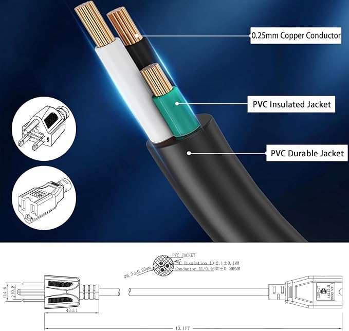 Black Heavy-Duty 13.1ft Indoor/Outdoor Extension Cord, 3 Prong 1250W 10A, Weather-Resistant Waterproof Power Cable with 3-Prong Grounded Plug, 18/3 SVT Wire, UL Listed