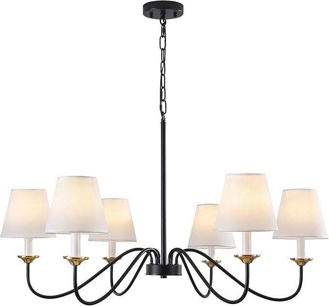 Vintage Chandelier Farmhouse Chandelier for Dining Room - 6 Lights 35.8" Modern Light Fixture, Adjustable Pendant Lighting for Living Room Hallway Bedroom Foyer Black with White Fabric Shade