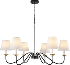 Vintage Chandelier Farmhouse Chandelier for Dining Room - 6 Lights 35.8" Modern Light Fixture, Adjustable Pendant Lighting for Living Room Hallway Bedroom Foyer Black with White Fabric Shade