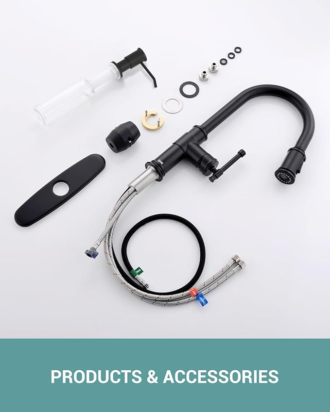 Matte Black Kitchen Faucets with Pull Down Sprayer, DAYONE Single Handle Stainless Steel Kitchen Faucet One Hole High Arc Farmhouse Sink Faucets with Soap Dispenser, DAY-136MB