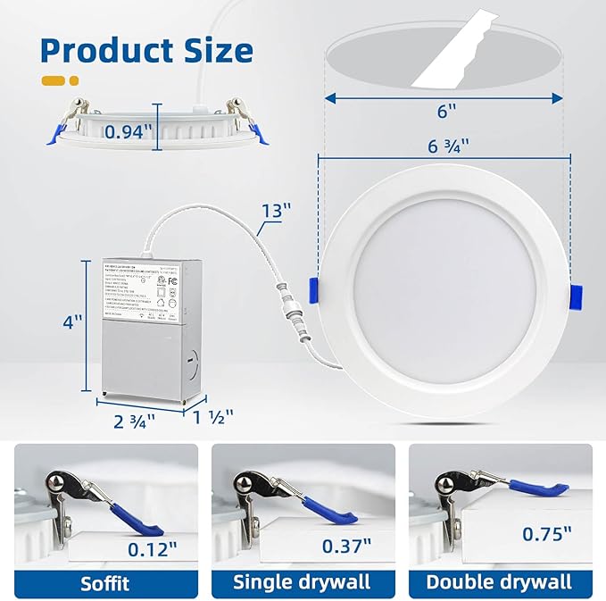 4 Pack 6 inch Recessed Lighting, Ultra-Thin LED Canless Recessed Lighting, Retrofit Dimmable Recessed Lights, 4000k 1200LM 12W - ETL & Energy Star Certified