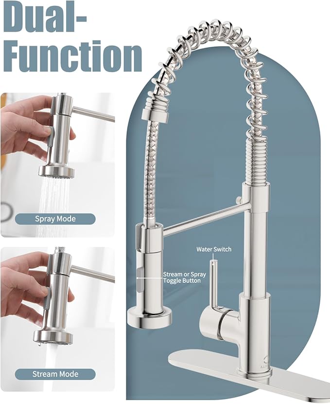 Kitchen Faucet Set, Commercial Kitchen Sink Faucets with Pull Down Sprayer and Soap Dispenser, Stainless Steel Faucets for Kitchen Sinks, Single Handle Spring Faucet with Deck Plate