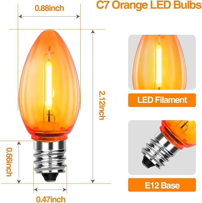 C7 Replacement Bulbs, 25 Pack Halloween Orange LED Bulbs, 0.6W E12 Base for Indoor Outdoor Christmas String Lights, Patio, Party Decor