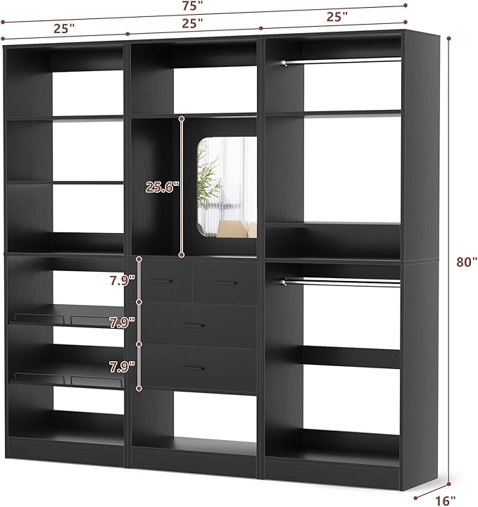 Unikito 75” Closet System with Drawers, 6.2FT Wood Closet Organizer with Hanging Rods and Mirror, Reversible Large Walk in Closets Wardrobe Garment Rack with Shoe Shelves, Max Load 2000 LBS, Black