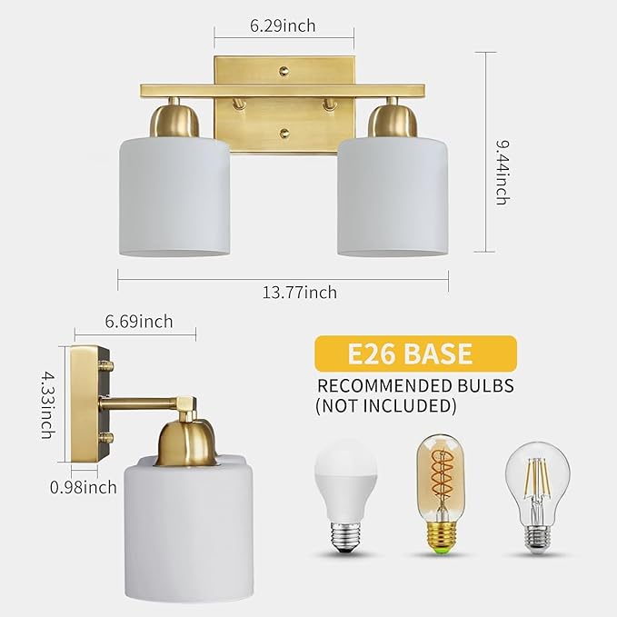 2 Light Bathroom Vanity, Bathroom Lights Over Mirror with Milky White Frosted Glass Shades, Gold Vanity Light for Mirror Living Room Bedroom Hallway E26 Base