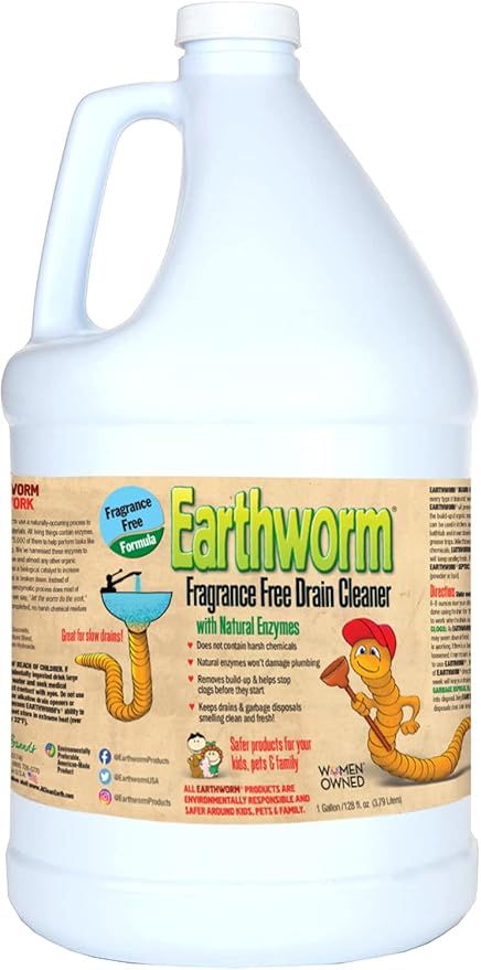 Earthworm Fragrance Free Drain Cleaner - Drain Opener - Natural Enzymes, Environmentally Responsible, Safer for Pets and Kids - 1 Gallon