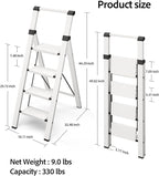 Taranta 4 Step Ladder, Lightweight Aluminum Step Stool with Convenient Handgrip, Folding Ladder with Anti-Slip Pedals, 330lbs Capacity Stepladder for Home, Office, Kitchen - White