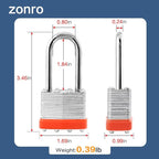 ZonRo Locks Laminated Steel Keyed Padlocks,Keyed Alike Locks, 1-9/16 inch Wide,Long Shackle Padlocks, Pack of 12，Orange Hoop, for Hasp Latch, Sheds, Fences, Storage Locker, School, Gym