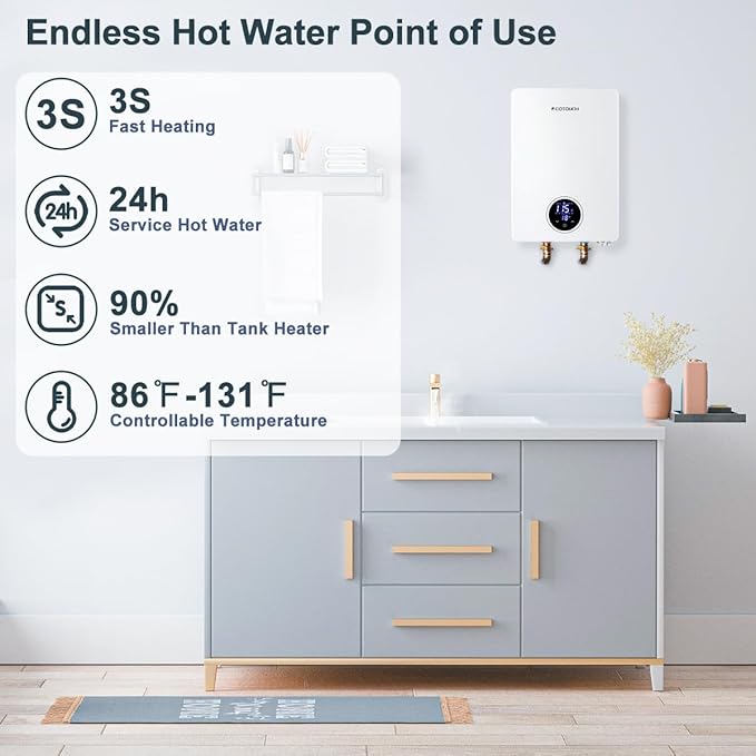 Tankless Water Heater Electric, ECOTOUCH 14kW 240V on Demand Electric Water Heater Instant Hot Water Heaters Under Sink Point of Use with Self-Modulating ECO140S White ETL Certificated