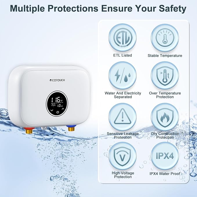 Tankless Water Heater Electric, ECOTOUCH 6kW 240V Point of Use Water Heater on Demand Water Heaters Instant Hot Water Heaters ETL Certificated Self-modulation ECO60SE White