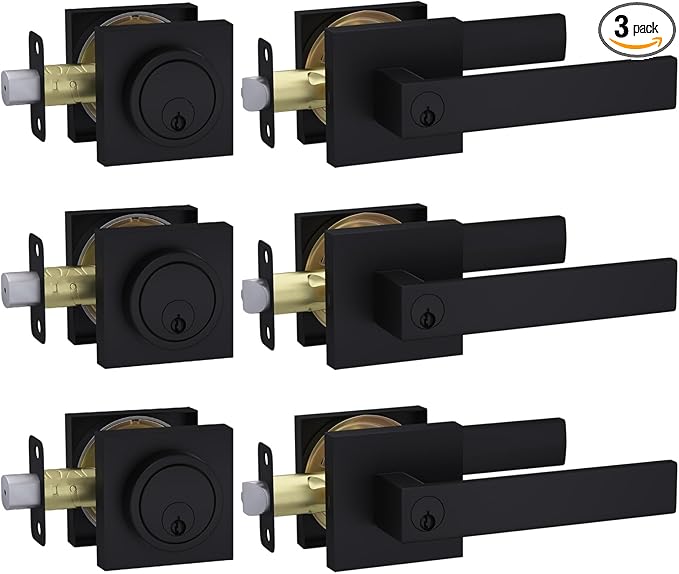 Haidms Black Front Door Lock Set with Deadbolt, Matte Black Exterior Door Handle and Deadbolt Set, Entry Door Locksets, Heavy Duty Zinc-alloyed (3 Pack)
