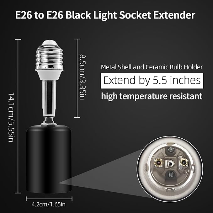 2 PCS Ceramic & Metal E26 Light Socket Extender Black - 5.5" Length,90° Vertical & 360° Horizontal Adjustable, 110V-240V, 150W Max, Fire-Resistant, Light Socket Extender for E26 Light Bulb