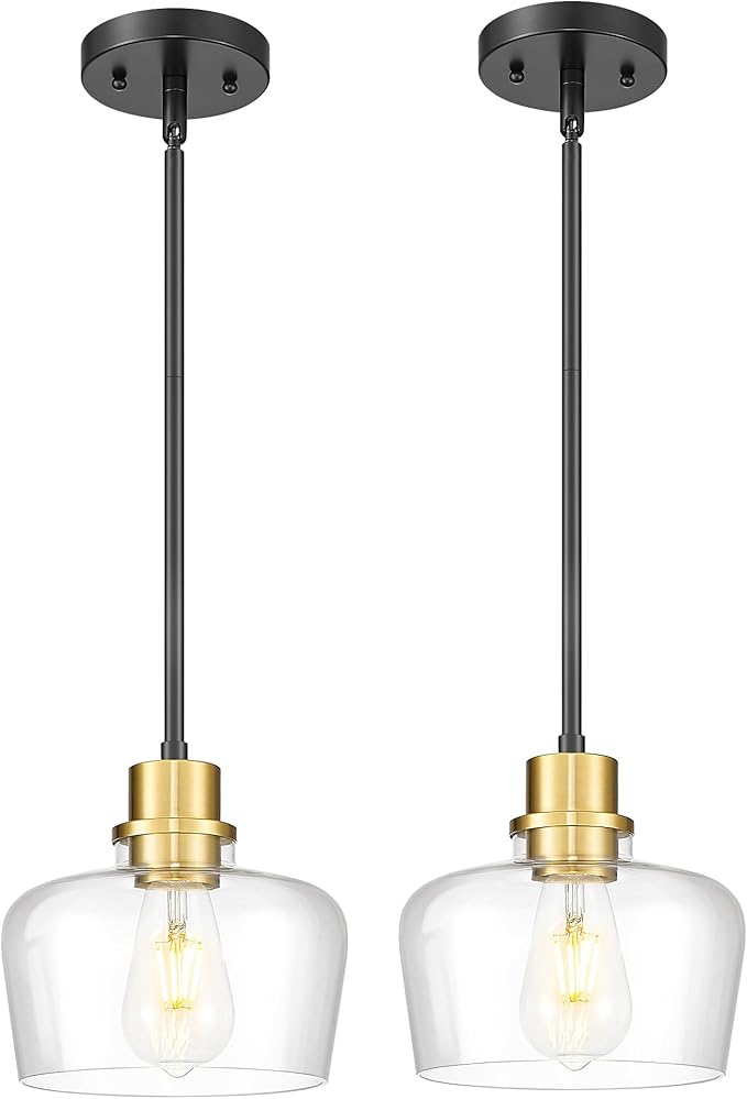 Emak 2 Pack Black Gold Pendant Lights Kitchen Island, Modern 8 Inch Clear Glass Pendant Light, Farmhouse Island Lights for Kitchen, Bathroom, Dining Room, PL122-BKBGD-CG-2PK