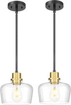 Emak 2 Pack Black Gold Pendant Lights Kitchen Island, Modern 8 Inch Clear Glass Pendant Light, Farmhouse Island Lights for Kitchen, Bathroom, Dining Room, PL122-BKBGD-CG-2PK