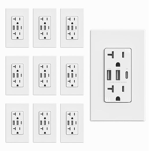 ELEGRP USB Outlets Receptacles, 3-Port Wall Outlet, 30W 6.0A Electrical Outlet, 15 Amp Tamper-Resistant Outlet with Type C Ports, UL Listed, Screwless Wall Plate Included, 10 Pack, Matte White