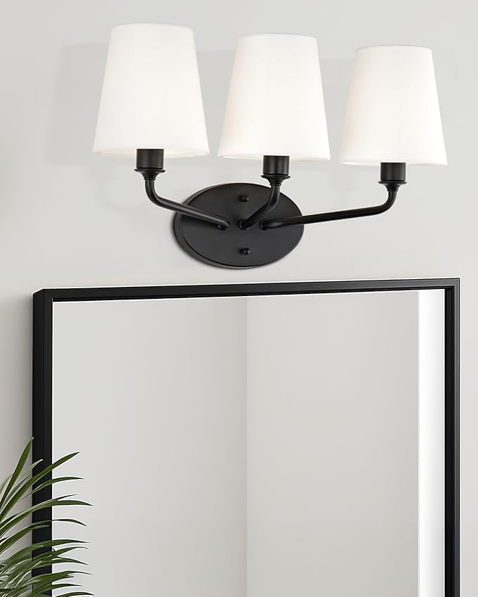 Emak Modern Black Vanity Light, Farmhouse Bathroom Light Fixtures with Flared White Fabric Shade, 3-Light Wall Sconces for Bathroom, Hallway, Bedroom, VL132-BK-WF-3