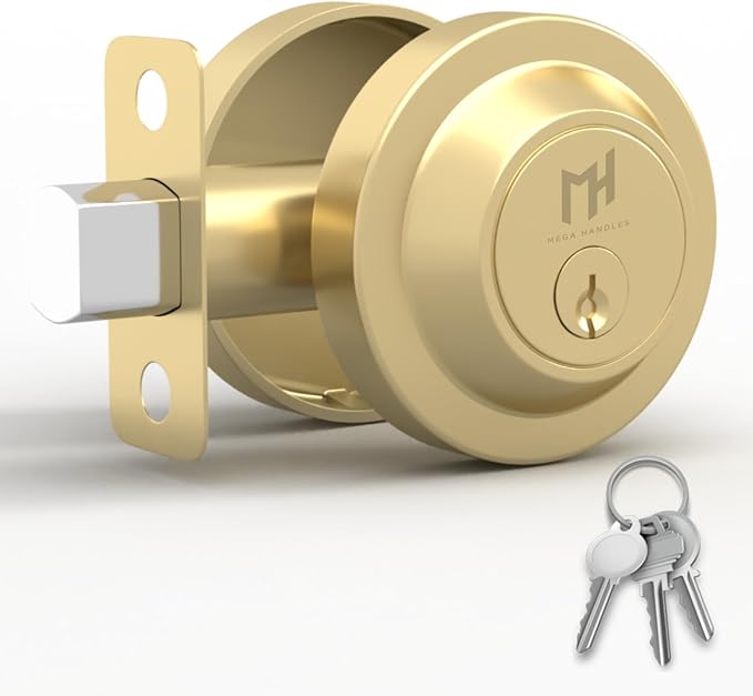 Mega Handles - Ronn Entrance Deadbolt I Deadbolt for Entry Lever Door Handle - Heavy Duty Round Lock for Left or Right-Handed Doors - Interior/Exterior Door Lever Deadbolt- Satin Brass