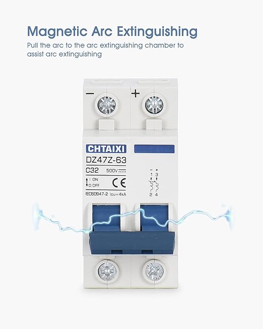 DC Miniature Circuit Breaker, 2 Pole 500V 32 Amp Isolator for Solar PV System, Thermal Magnetic Trip, DIN Rail Mount, Chtaixi DC Disconnect Switch C32