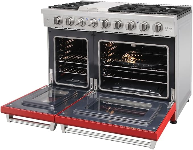 48 Inch Pro-Style Propane Gas Range with 6 Burners & 1 Griddle Cooktop, Double 4.6 cu. ft. and 2.2 cu. ft. Oven, in Stainless Steel - KOS-48RG03MLP (Red)