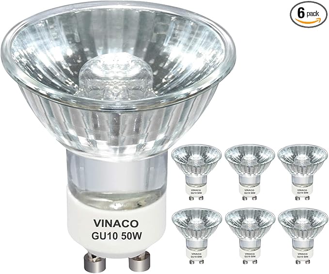 Vinaco GU10 Halogen 50W Bulbs, 6PCS GU10+C 120V 50W Halogen Light Bulbs, GU 10 Dimmable, Warm White, High Brightness MR16 with Glass Cover, Long Lifespan GU 10 50 W for Recessed Track Lighting