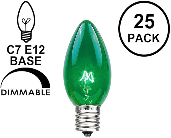 Novelty Lights Christmas Replacement Bulbs - Outdoor Individual Bulbs for Events, Holiday Parties, Patios, and More - C7/E12 Candelabra Base, 5 Watt Lights (Green, 25 Pack)
