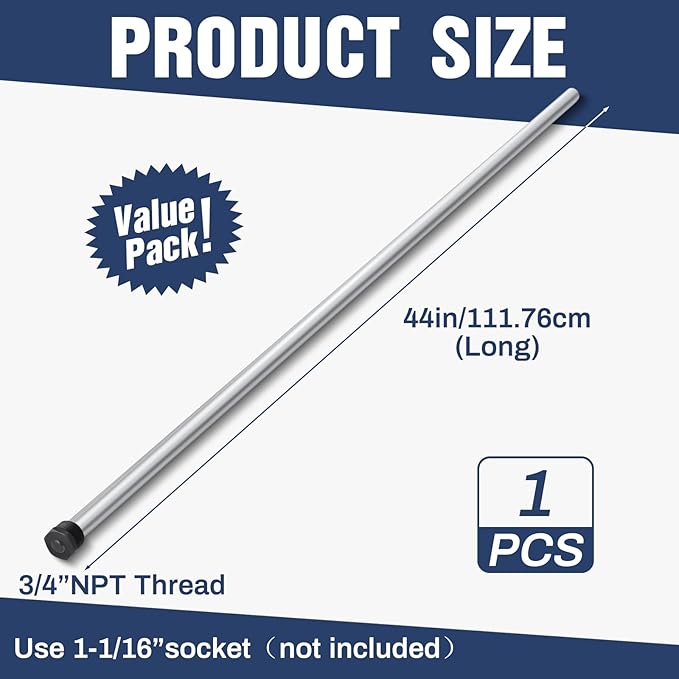 Tandefio 1 Pcs Anode Rod for Hot Water Heater Aluminum Zinc Compatible with Rheemm A. O. Smith, Replacement NPT Hot Water Tank Anode Rod, Corrosion Protect, Rotten Egg Smell(3/4 Npt X 44 Inches,)