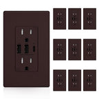 ELEGRP USB Outlets Receptacles, 3-Port Wall Outlet, 30W 6.0A Electrical Outlet, 15 Amp Tamper-Resistant Outlet with Type C Ports, UL Listed, Screwless Wall Plate Included, 10 Pack, Matte Brown