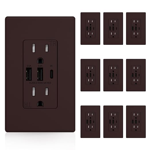 ELEGRP USB Outlets Receptacles, 3-Port Wall Outlet, 30W 6.0A Electrical Outlet, 15 Amp Tamper-Resistant Outlet with Type C Ports, UL Listed, Screwless Wall Plate Included, 10 Pack, Matte Brown