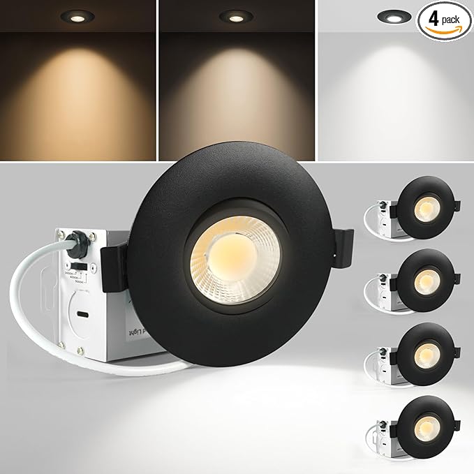 Sublimation Black 4 Packs 3 Inch led recessed Light 10w,3 Colors Adjustable 3000K/4000K/5000K,Waterproof recessed Lights for Shower,Suitable for Bathroom,Parlor,Bedroom,Kitchen,Balcony