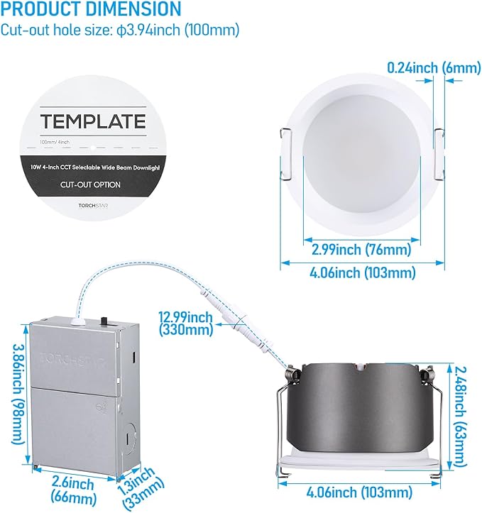 TORCHSTAR 4 Inch 5CCT LED Anti Glare LED Recessed Lights with J-Box, Narrow Trim Recessed Ceiling Light, Deep Trim Canless Downlight, Dimmable, CRI 90, 2700-5000K Selectable, ETL T24 FCC, Pack of 4