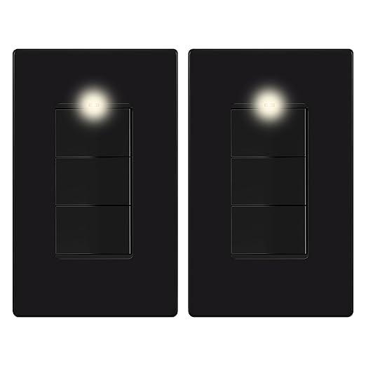 LIDER Matte Finish Lighted Triple Switch with Screwless Wall Plate, Combination Frameless Decorator Switch with Locator Light, Ground Terminal Single Pole, 15A 120V, UL Listed, Black, 2 Pack