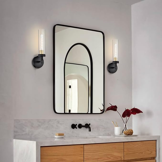 Black Wall Sconces Set of Two,Knurled Texture Modern Wall Sconce,Tube Clear Glass Matte Black Vanity Light,Industrial Bathroom Sconces Wall Lighting,Wall Lights for Bedroom,Living Room,Hallway