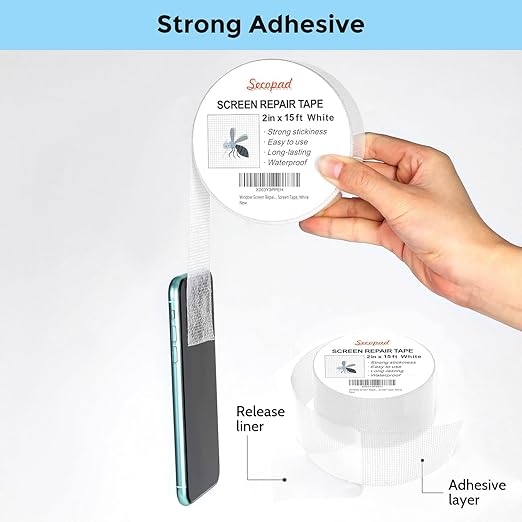 White Window Screen Repair Tape, 2 in X 15 FT (360IN) Screen Repair Kit for Windows or Doors, Strong Adhesive Screen Patch Fiberglass Screen Tape Mesh Repair