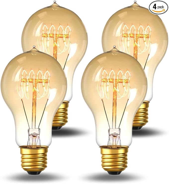 Jslinter Incandescent Light Bulbs 60 Watt Dimmable Bulbs 4 Pack, 2200K A19 Soft Light Bulbs Warm Light, 110v E26 Eecorative Light Bulb, Vintage 230LM Edison Bulb for Bedrooms, Living Rooms