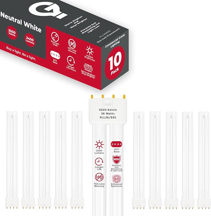 GoodBulb PLL36/835 36W 16.5" Twin Tube Compact Fluorescent Light Bulb 4-pin 2G11 Base 3500K Neutral White 2400 Lumen 36000 Hour Long Life Biax Pack of 10