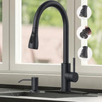 Smart Kitchen Faucet, 3 Modes Pull Down Sprayer, Ceramic Valve, 360-Degree Rotation, 1 or 3 Hole Deck Plate. 10-Year Warranty. (KW-68R, Matt Black)