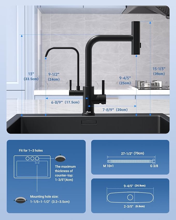 APPASO Kitchen Faucet with Water Filter, 2 Handle Waterfall 3 in 1 Kitchen Faucet, Black Kitchen Sink Faucet, 3 Hole Kitchen Faucets with Pull Down Sprayer (Without Water Filtration Device)