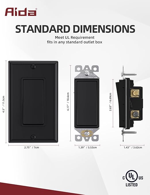 AIDA 3 Way Decorative Light Switch, 15Amp, 120/277 Volt, AC Decorator Rocker Paddle Wall Switch Replacement, UL Listed - Residential and Commercial Grade (20 Pack,Black White)
