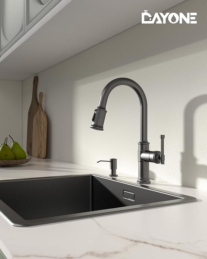 Black Stainless Kitchen Sink Faucet with Pull Down Sprayer, DAYONE Single Handle 1 Hole High Arc Flow 360° Swivel Kitchen Faucets with Soap Dispenser, APS136BS