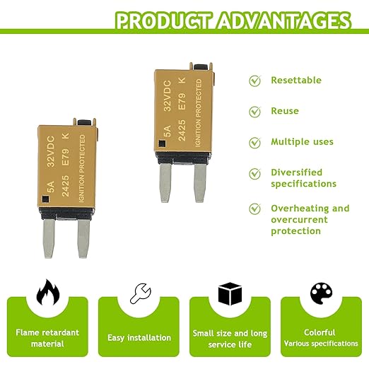 5A DC 12V-32V Manual Reset Circuit Breaker ATM Low Profile T1 Mini Blade Fuses Breakers for Car Trucks Marine Boat RV Solar and More,2 Pack