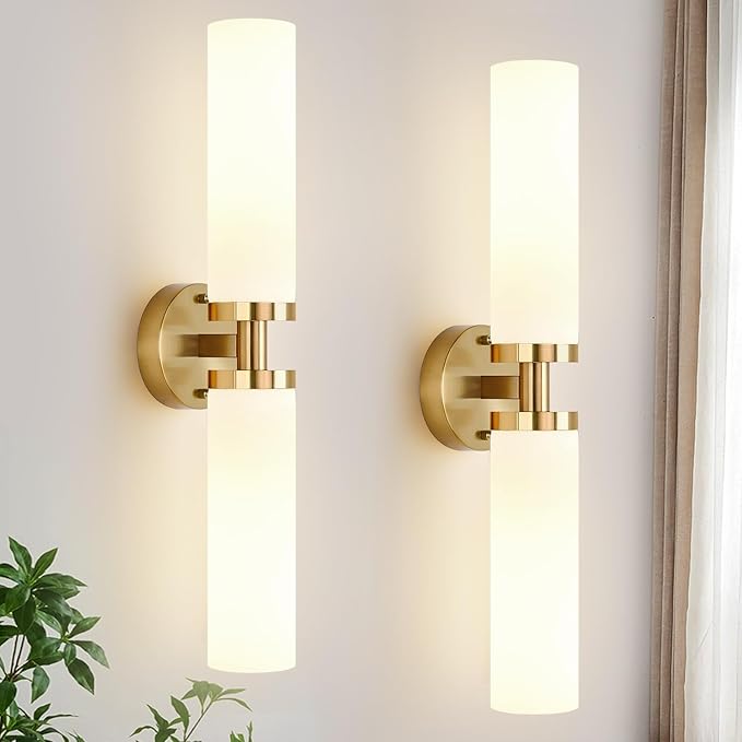 Wall Sconces Set of Two, Brushed Gold Bathroom Sconces Wall Lighting with Milky White Glass, Modern Sconces Wall Decor Set of 2 Bathroom Light Fixtures for Mirror Living Room Hallway Bedroom