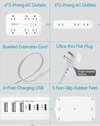 Flat Multi Plug Extender with 6 USB Wall Charger(3 USB C), 12 AC Outlets Wall Adapter, 3 ft Thin Extension Cord, Flat Plug Surge Protector Power Strip (2100J) for Home, Office, College Dorm. White