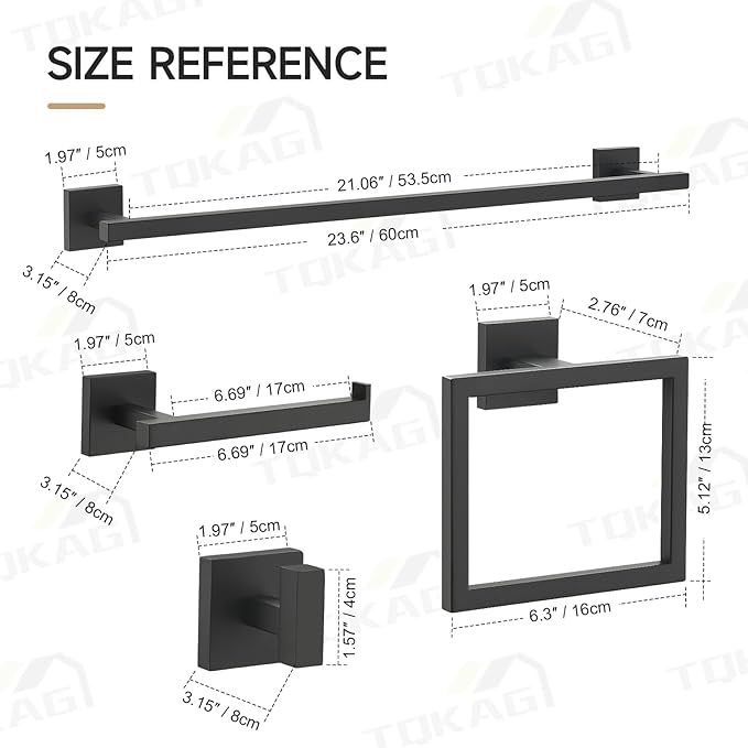TQKAG Matte Black Bathroom Hardware Accessories Set 10 Pieces, 23.6" SUS304 Stainless Steel Towel Bar Set Wall Mounted Includes Single Towel Bar, Towel Ring, Toilet Paper Holder, Double Towel Hooks