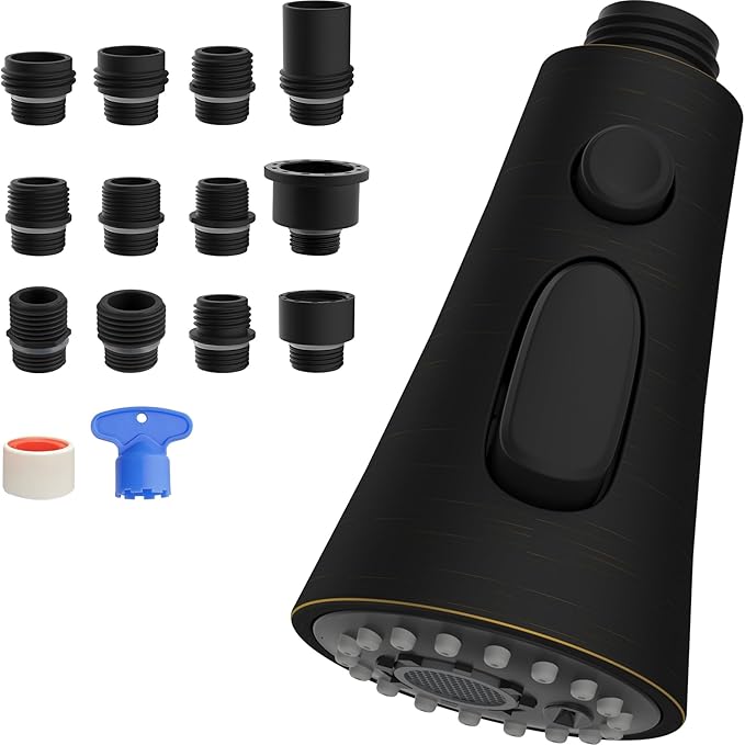 Hibbent 3-Function Pull Down Kitchen Faucet Head Replacement with 12 Adapters, NSF/ANSI/CAN 61 & CUPC Certified Sink Spray Nozzle, Compatible with Moen, Delta, Kohler Faucets, Oil-Rubbed Bronzed